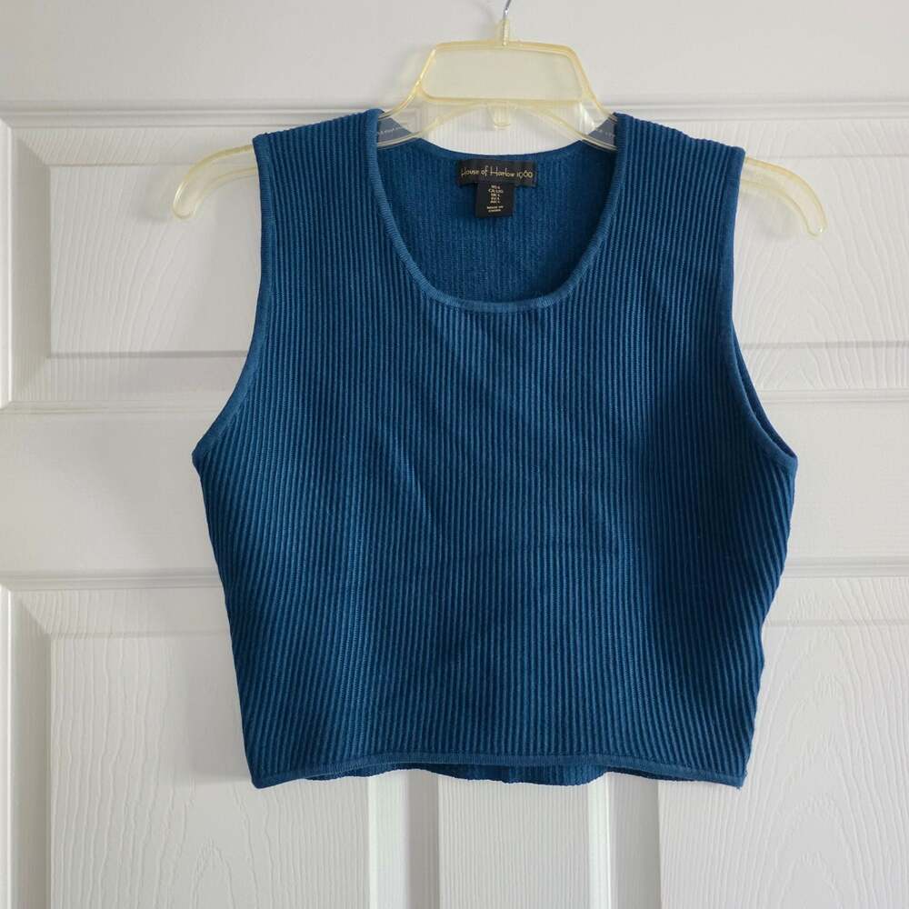 House of Harlow 1960 Blue Ribbed Knit Cropped Tank Top Scoop Neck EUC Size L